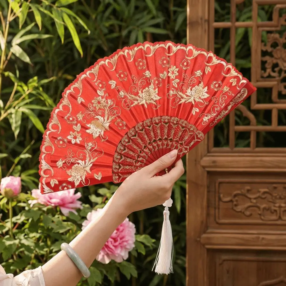 Multipurpose Vintage Style Silk Hand Fan Floral Pattern Decorative Folding Fan with Tassel Handmade Handheld Fan Photo Prop