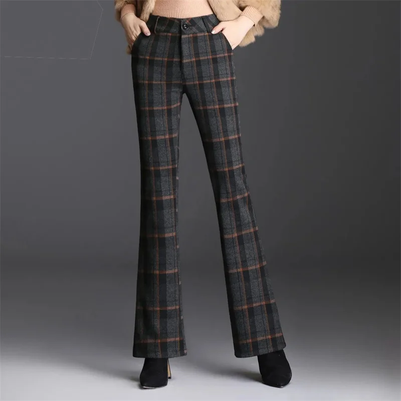 

Spring Autumn Winter NEW Red Plaid Woolen Pants Women Thicken Large Size Wool Wide Leg Pants Office Ladies Micro Flared Trousers