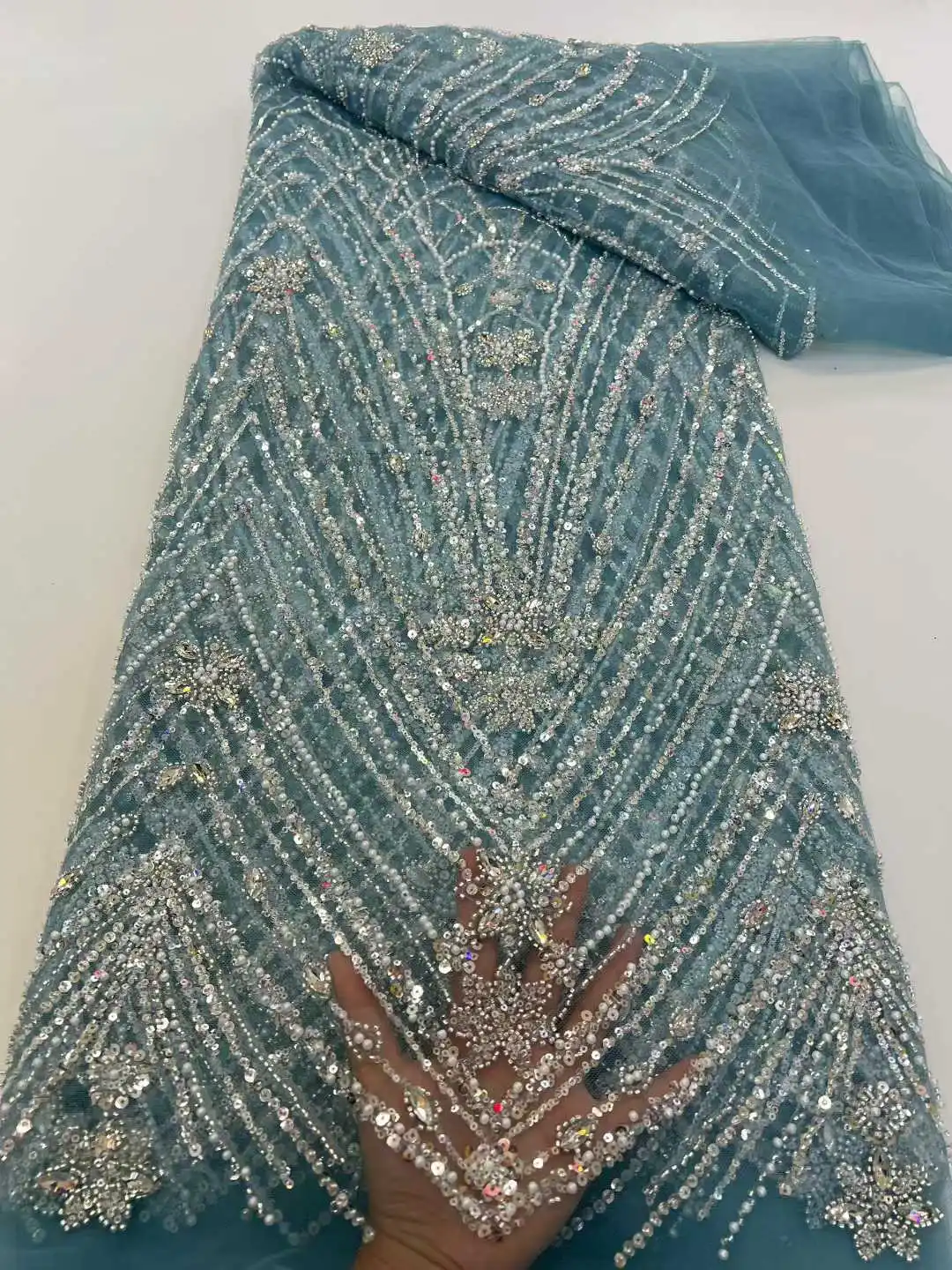 

Luxurious High Quality Sequins Nigerian Stones Beaded Lace Fabric 2026 French Embroidery African Lace Fabric For Wedding Sewing