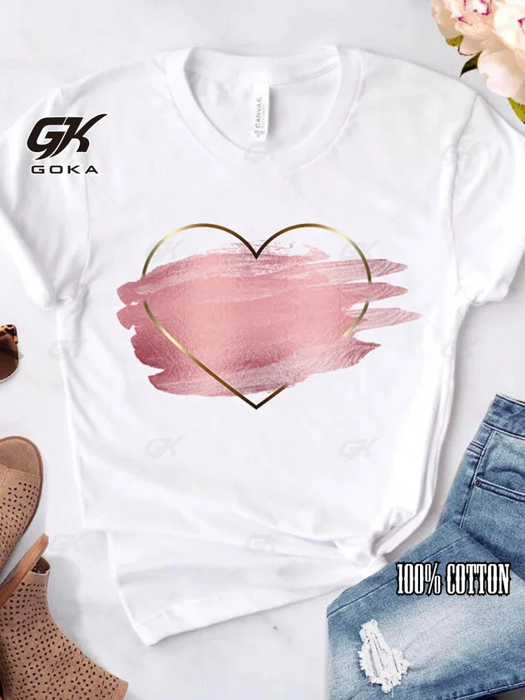 Love Heart Flower Women Cotton T-Shirt Ladies Casual Basis Collar White T Shirt Short Sleeve Ladies T-Shirt Cartoon Printing