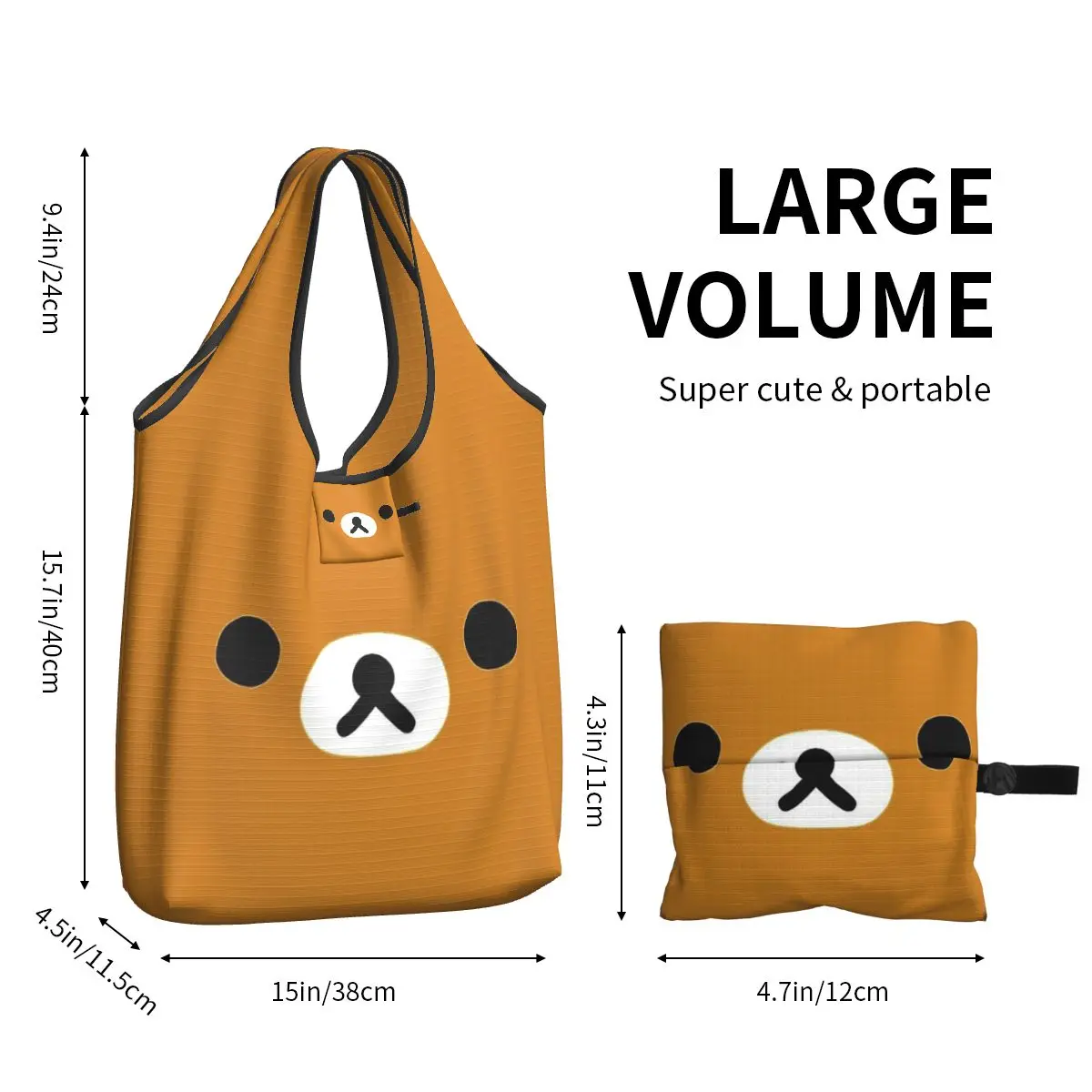 Rilakkuma Face Reusable Shopping Grocery Bags Foldable 50LB Weight Capacity Eco Bag Eco-Friendly Lightweight