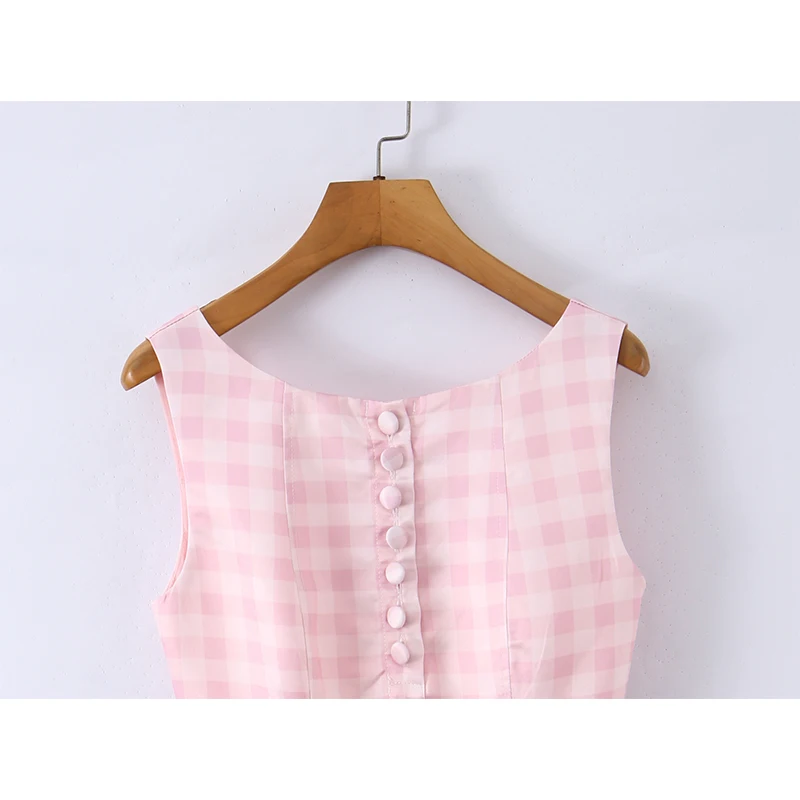 YENKYE Abito da donna scozzese sexy senza schienale con bottoni sul davanti o collo senza maniche mini abiti estivi a trapezio abito da vacanza