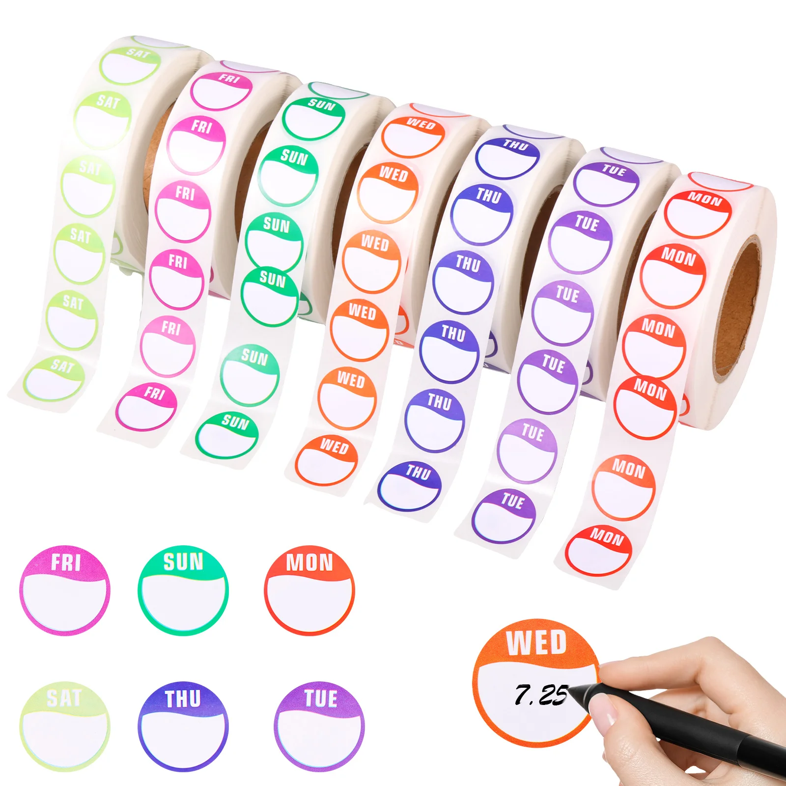 7Rolls Paper Week Stickers Self-Adhesive Date Stickers7000Pcs Round Dots Food Labels Removable Weekday Stickers for Kitchen Home