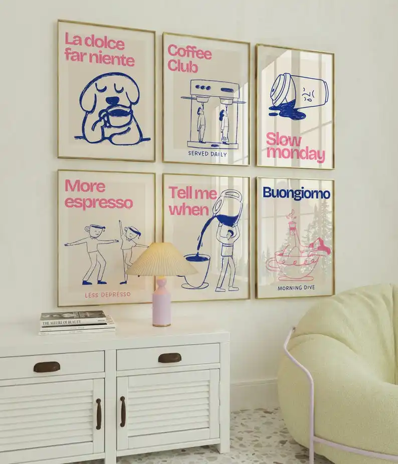 6 teile/satz Abstrakte Espresso Leinwand Poster Minimalistischen Niedlichen Welpen Trinken Kaffee Wand Kunst Poster für Moderne Kaffee Bar Wohnkultur