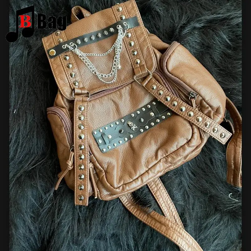 Y2K Gothic Women\'s Spicy Girls Punk Handbags Harajuku Catskin Buckle Rivet Vintage Leather Backpack Bag Totes