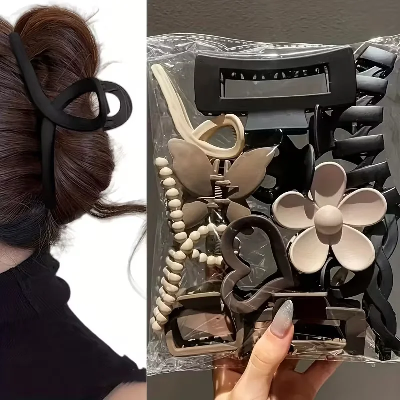 11-Piece Matte Multi-Style Shark Claw Clips, Vintage Hair Claws, Versatile Hairpins, in Milk Tea Brown, Black, and Earth Tones, with Various Shapes Such as Flowers, Butterflies, and Hollow Hearts, Suitable for Medium-L