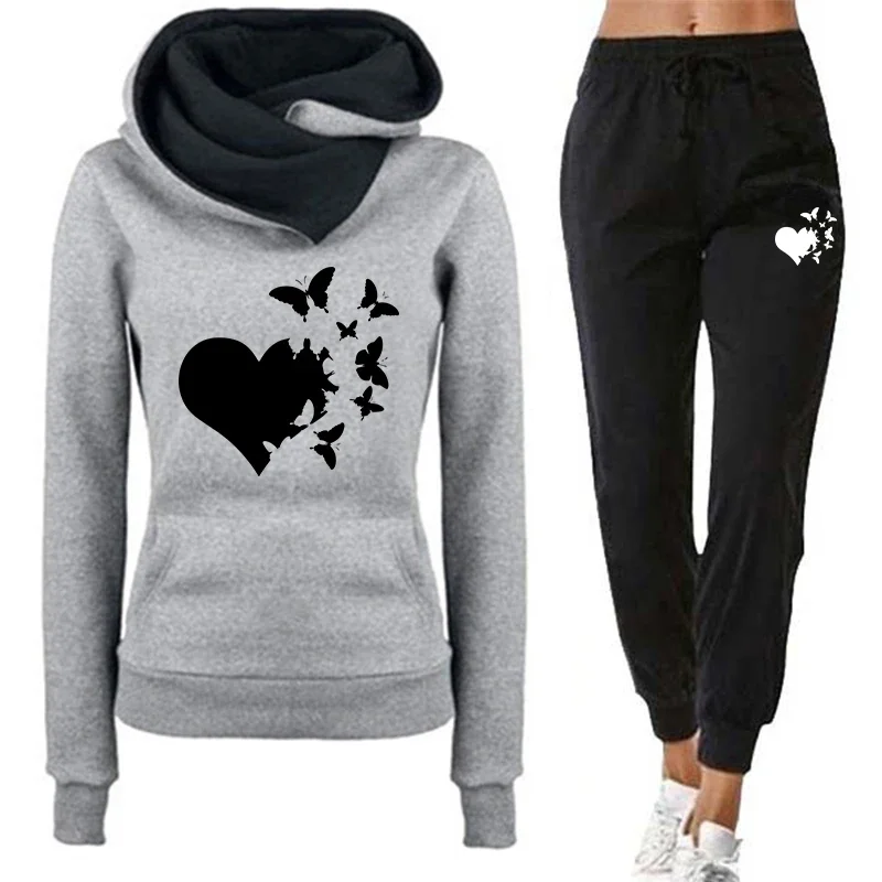 

Hot Sales Womens Tracksuit Casual Hoodies Suits Heart Print Jogging Sweatshirts 2 Pcs Set Woman Clothing Sports Pullover Outfits