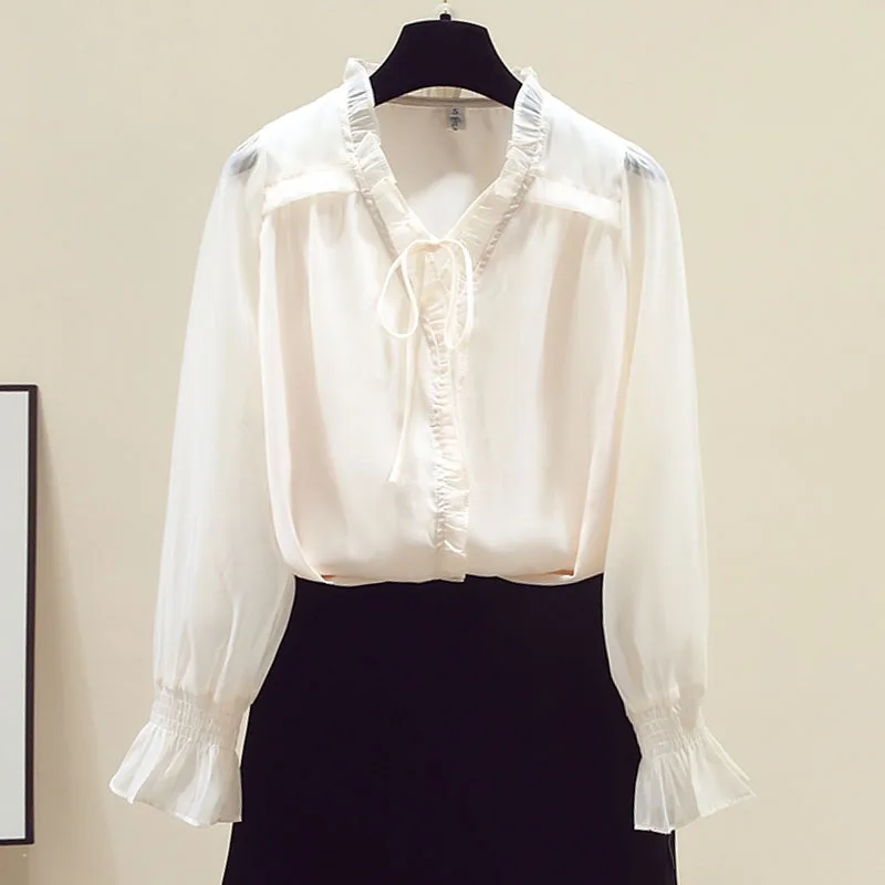 

Women Blouse Shirt New Long Sleeve Ruffled Collar Lace-up Solid Blouse Shirt Women Tops Blouses Shirts Blusas Camisas 2025 Q646