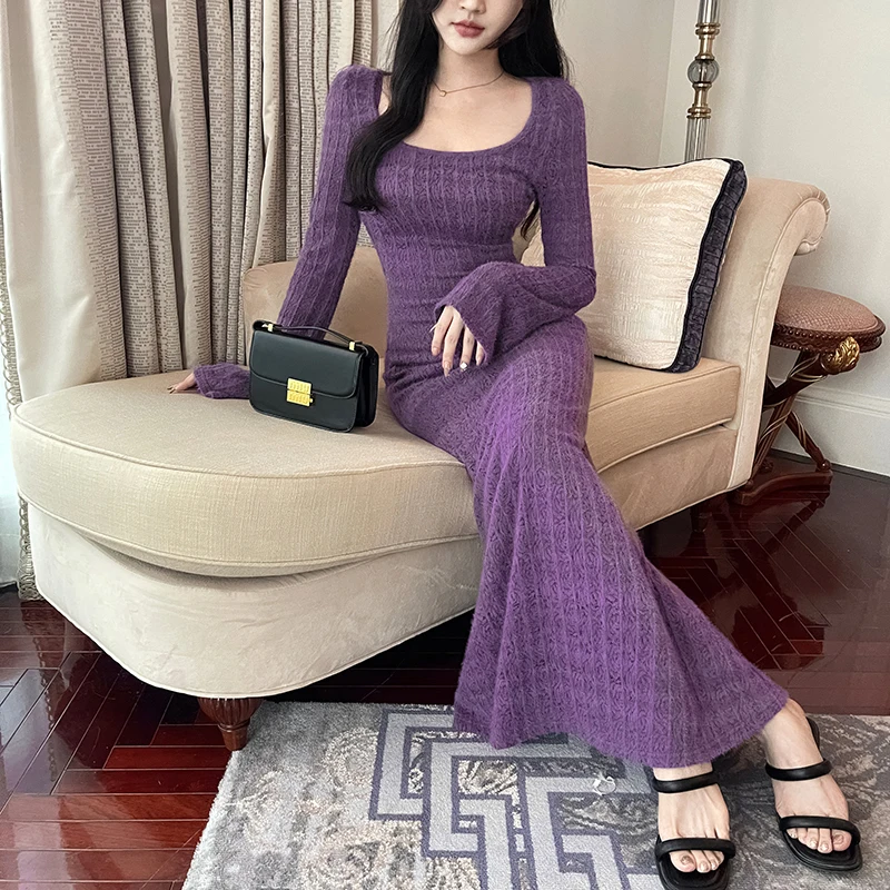 Lace Fuzzy Top Dress With Suspender Two-Piece Set New Simple And Lazy Style Long Skirt For Women  JY23675DG