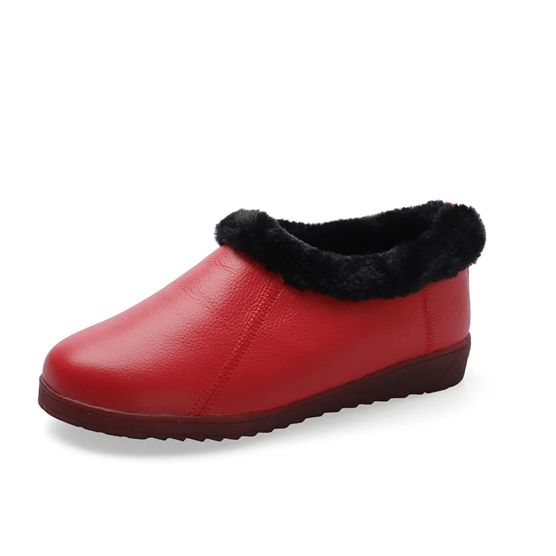 Winter Fashion Middle Age Plush Warm Boot Flat Bottom Non Slip Cotton Shoes Classy Genuine Leather Short Boots Women