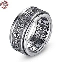 Real 925 Sterling Silver Vintage Rings Rotatable Tibetan Six Words Mantra Rings Om Mani Padme Hum Buddhist Jewelry