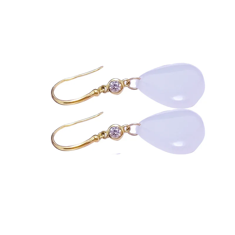 SHILOVEM 18k Yellow Gold White Jade Stud Earrings New Birthday Christmas Gift Fashion Wholesale Women 14mm yze141402