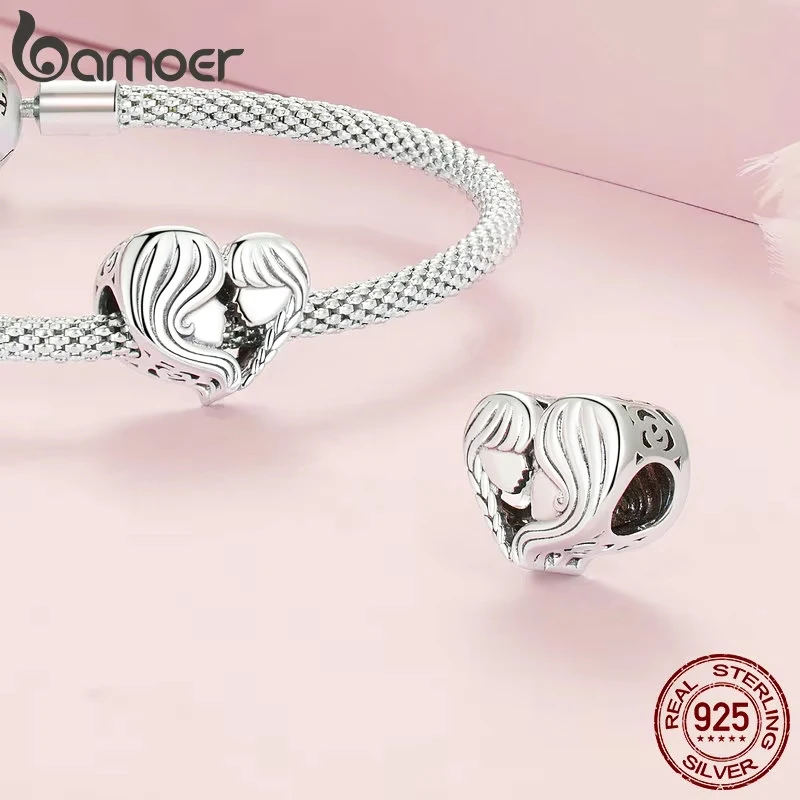 BAMOER 925 Sterling Silver Mother & Daughter Bead Affinity Heart Charm dla kobiet Bransoletka Bangle DIY Prezent na Dzień Matki BSC687