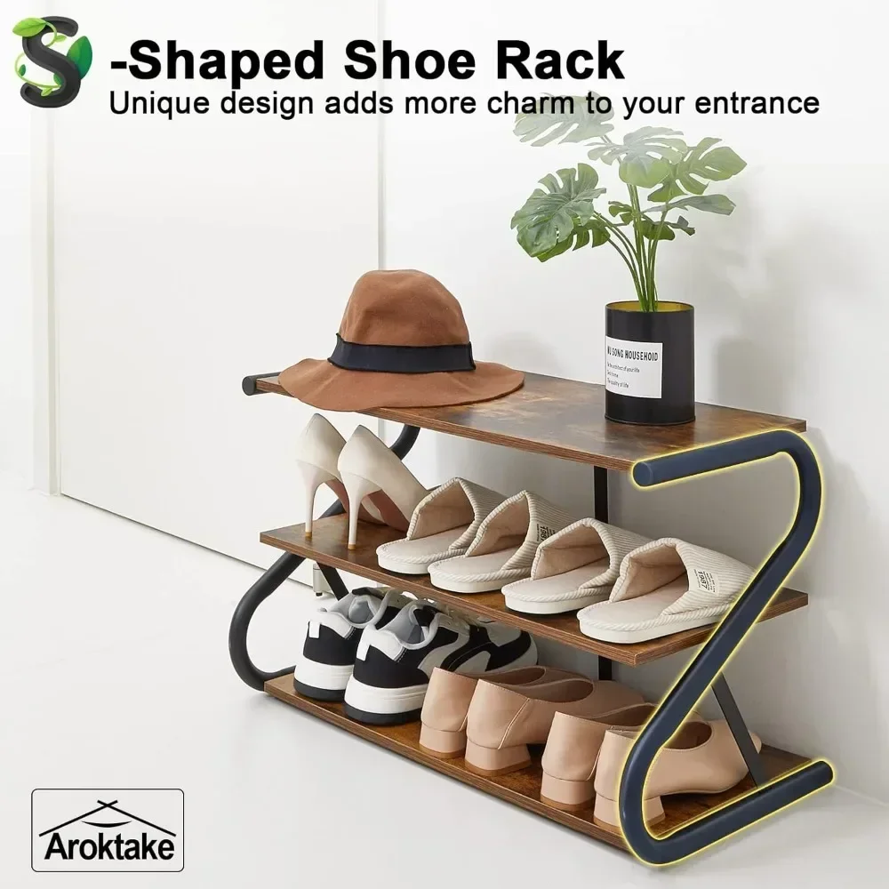 

3-Tier Shoe Rack, Z-Frame Wooden Shoe Shelf with Durable Metal Shelves for Hallway, Living Room, Closet, Bedroom (Rustic)