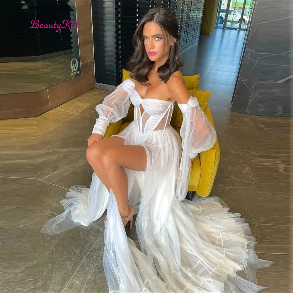 Modern Sexy Long Side Slit Bohemian Wedding Dresses Chiffon Sweetheart Beach Bridal Gowns Long Puffy Sleeves Bride Dress