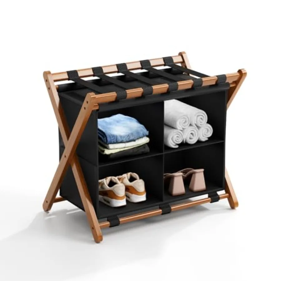 

Bamboo Luggage Rack with 4 Storage Compartments, Foldable Suitcase Stand for Guest Room, 150lbs Capacity, Sturdy, Space-Saving