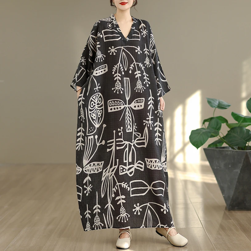 Printemps automne Floral Vaion Sle voyage V Ne rétro longue Dr viande dissimulant coton lin Dr grande taille minceur mince