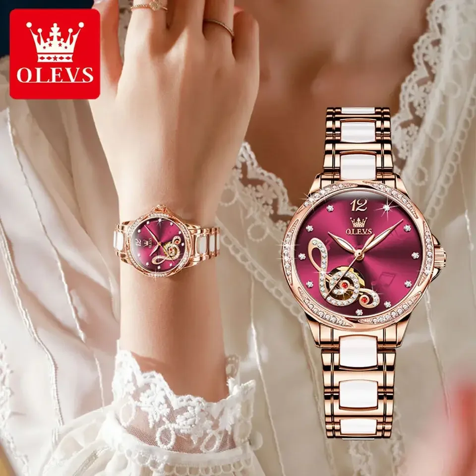 OLEVS-Reloj mecánico automático para Mujer, correa de cerámica exquisita, elegante, luminoso, resistente al agua, relojes de pulsera para Mujer