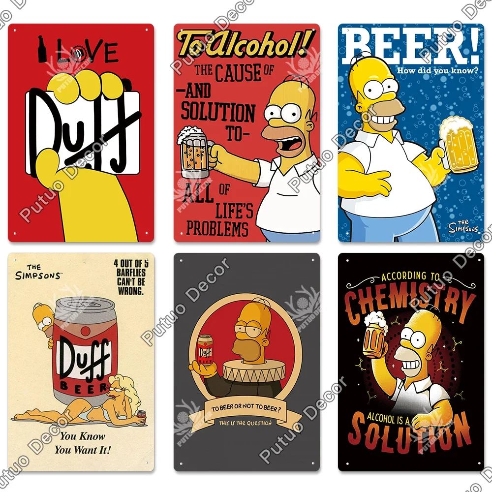 Putuo Decor Simpson Metal Poster Duff Beer Metal Sign Funny Poster Decor for Bar Pub Club Man Cave Decorative Plate Wall Decor