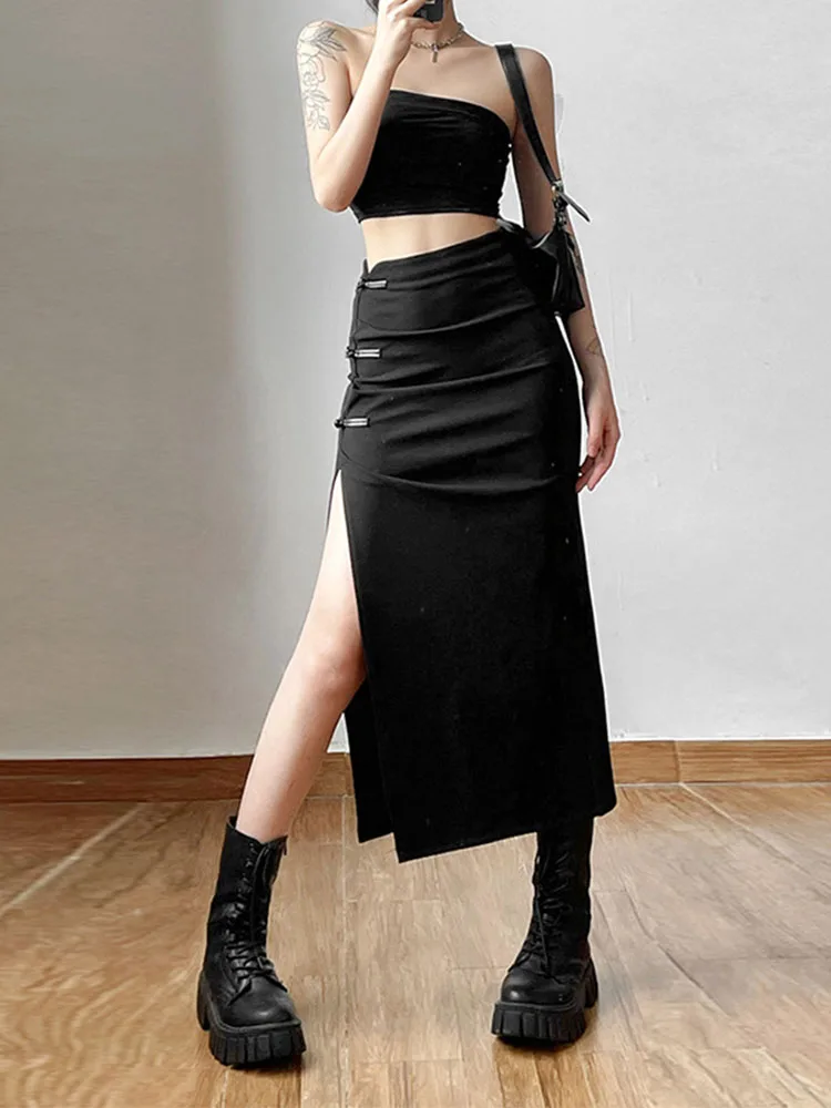 

Black Sexy Split Simple Casual All-Match Hot Street Outing Cool Mature Vitality Personality Trend Basic Women'S Skirt