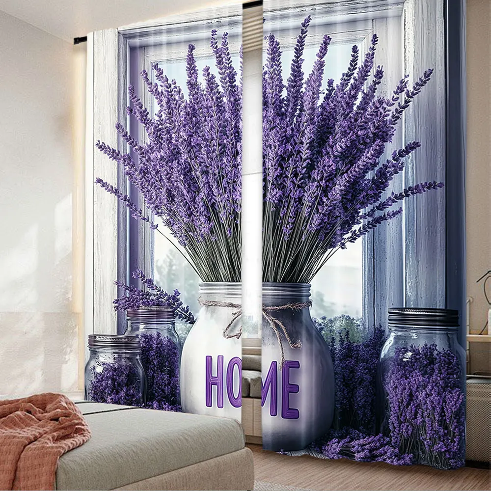 

2Pcs Purple Curtain Home Lettering With Lavenders In Jars In Front Of A Weathered Wooden Window For Bedroom Living Room Dining