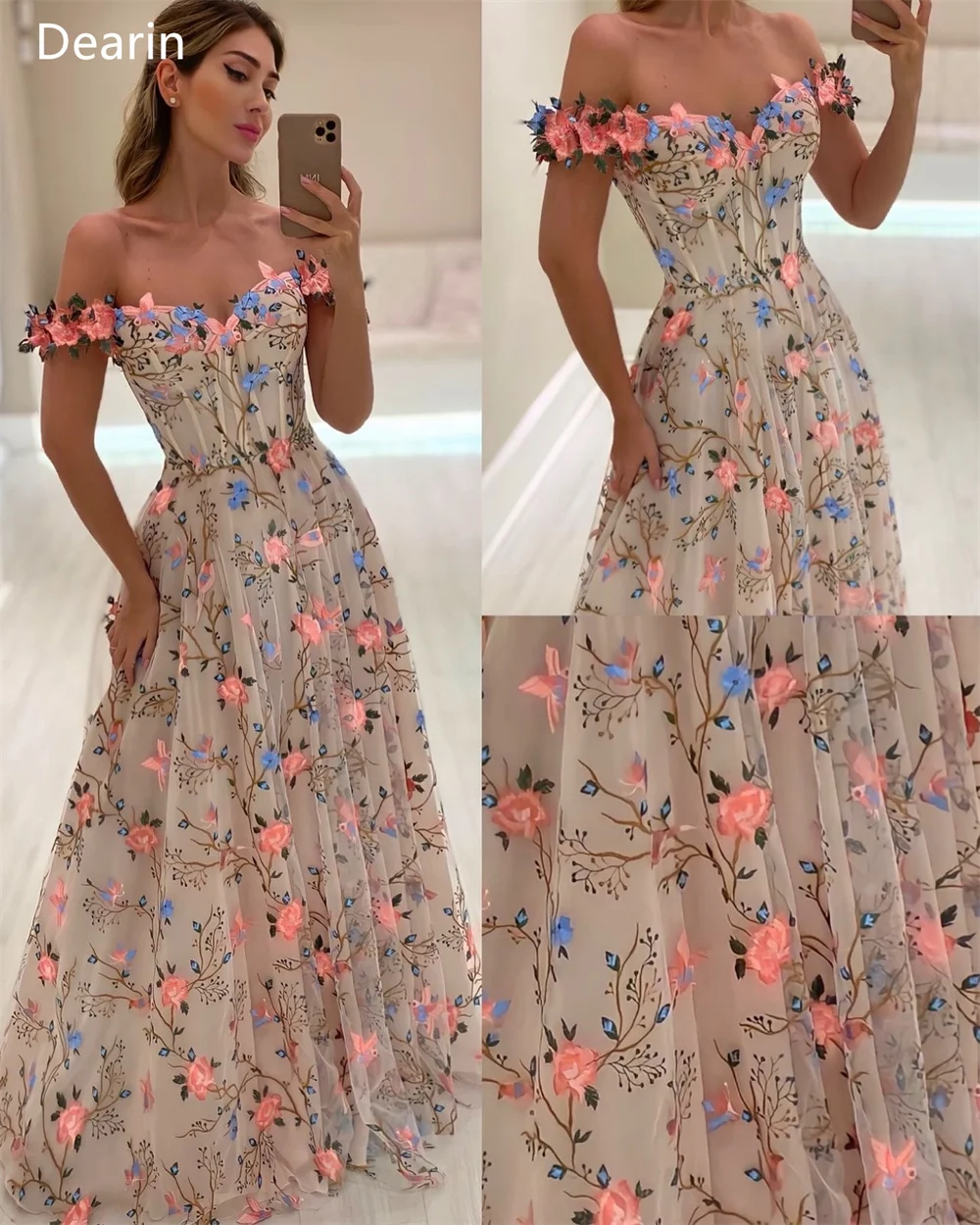 Customized Prom Gown Dearin Off-the-shoulder A-line Floor Length Skirts Draped Layered Tulle Applique Print Flower Bespoke Occas