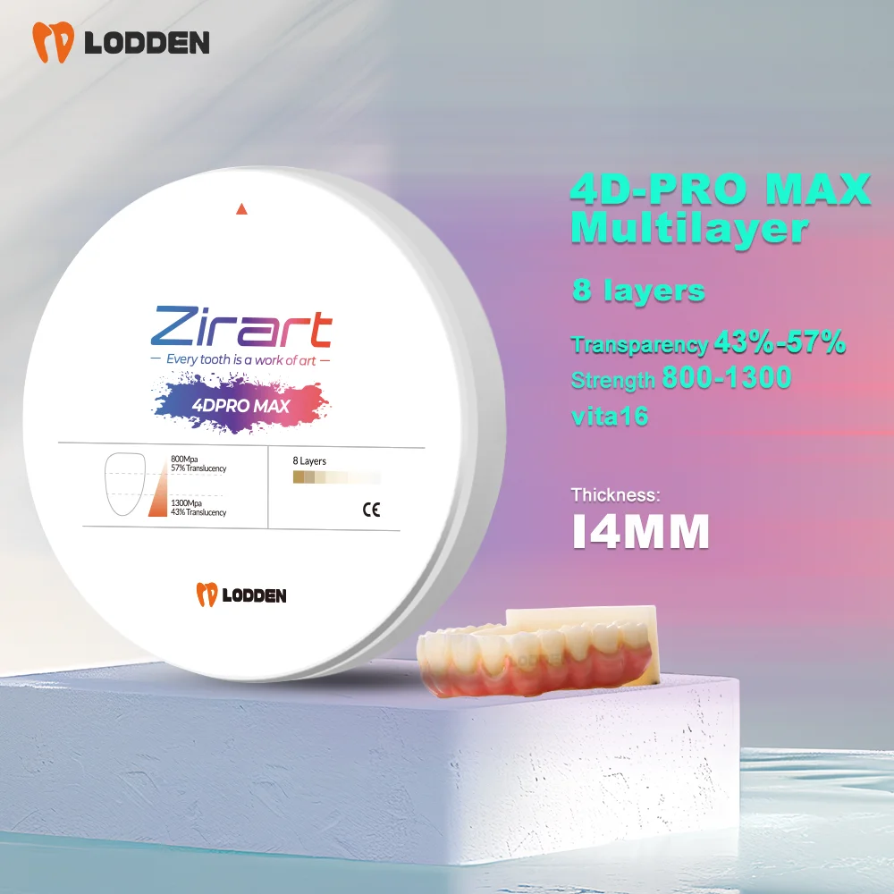 

LODDEN 1300MPa Стоматологическая лаборатория Цирконий 98x18 мм 4D Pro Max Многослойные блоки 8-слойные для CAD CAM Прозрачность 57% Материалы для стоматолога