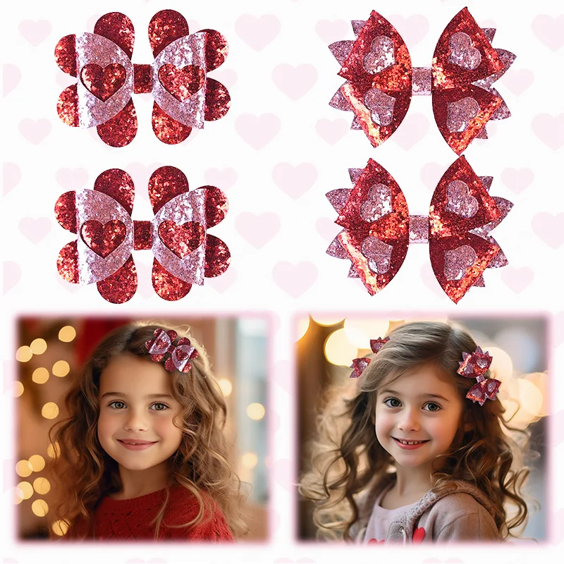 Valentine's Day Hair Accessories Kids Hollow Heart Shiny Bow Cute Hair Barrettes Bobby for Women Girls Decorative Wedding Gifts