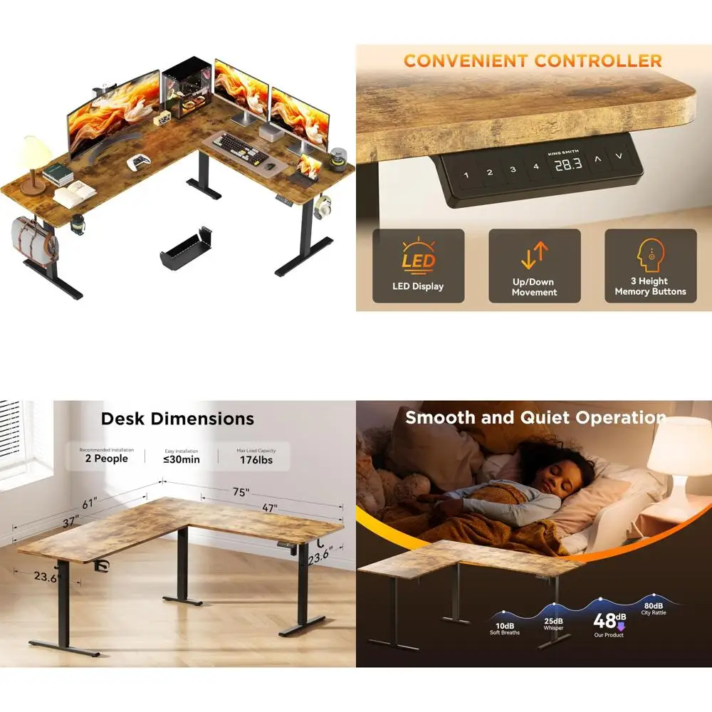 Electric Height-Adjustable L-Shaped Desk with Cup Holder, Reversible Standing Corner Computer Workstation for Home Office Use