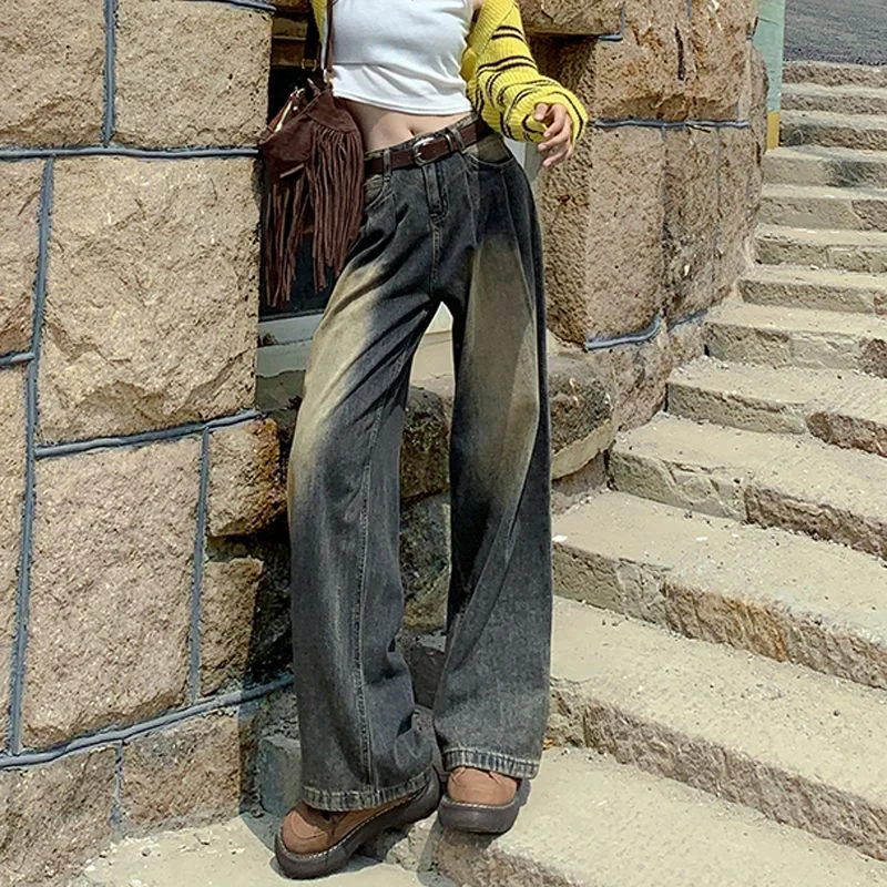 New Niche Retro Wash To Do Old High-waisted Straight Leg Skinny Jeans Women Fashion Casual Wide-leg Mop Trousers Long Pants