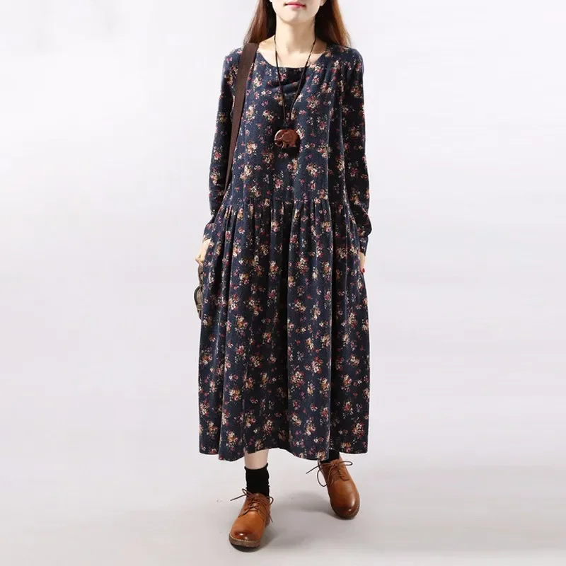 Korean fashion female vintage autumn dresses floral print dress long sleeve o neck pockets loose casual vestidos women clothing