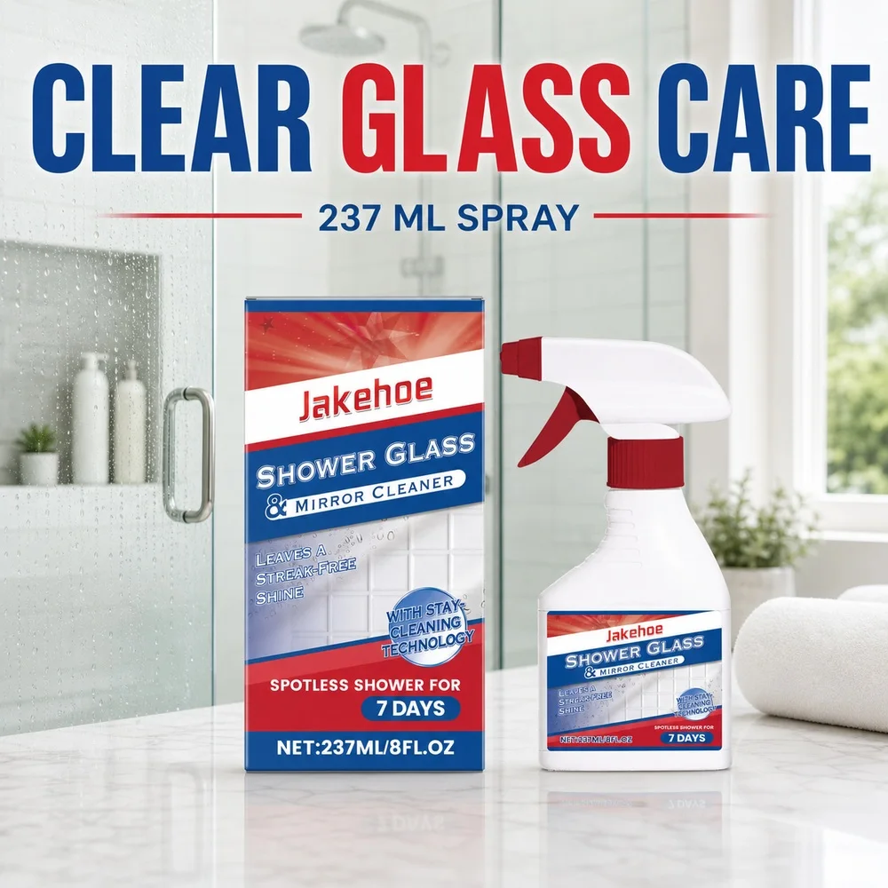 Jakehoe Shower Glass Mirror Cleaner Spray Hard Water Scale Soap Scum Residue Bathroom Surface Cleaning Solution 237ml Glass Care