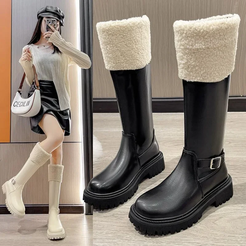 Snow Boots For Women Round Toe Female Shoes Zipper Flat Heel Winter Footwear Boots-Women Ladies 2024 Over-the-Knee Med Short Plu