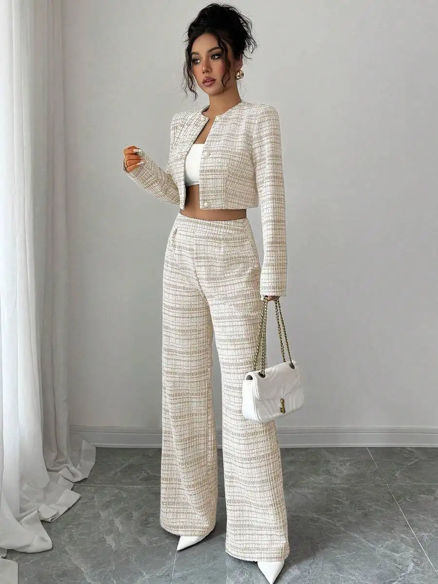 Versatile Houndstooth Elastic High-waisted Wide-leg Casual Pants For Women, Autumn And Winter Loose Drapey Floor-length Straight