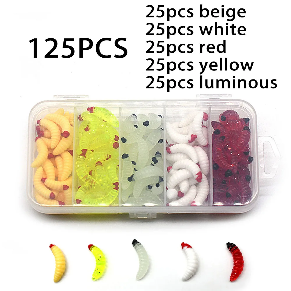 125Pcs/Box Earthworm Fishing Bait 5 Color Soft Plastic Maggot