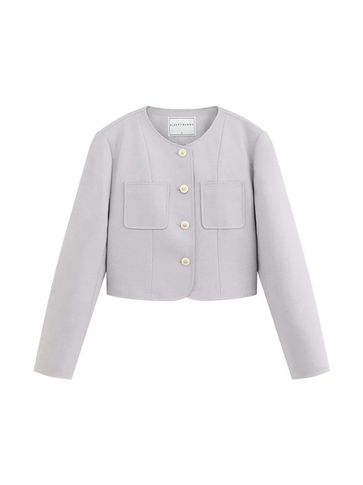 Elegant Cropped Tweed Jacket Women Spring Round Neck Slim Fit Short Coat Chic Korean Style High-End Petite Blazer Office Casual