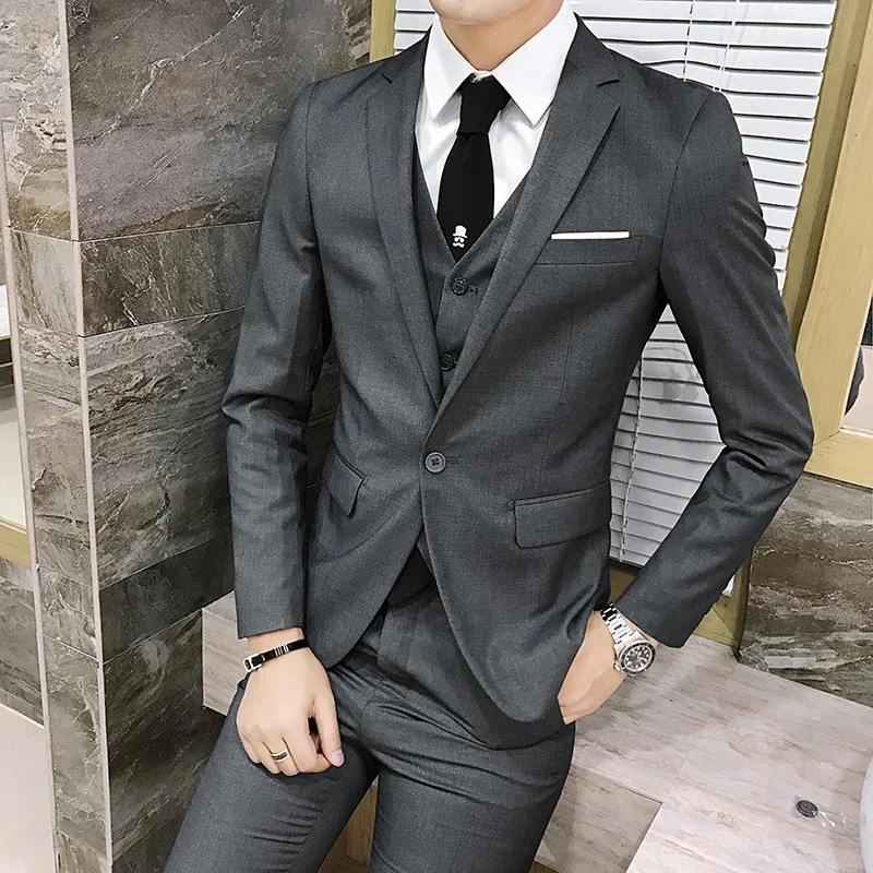 Suit  Fashionable and formal outdoor gentleman solid-color men's business wedding hosting banquets casual and fitted gentle suit