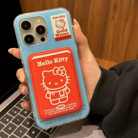 귀여운 산리오 헬로 키티 마그네틱 카드 지갑 Magsafe 무선 충전 전화 케이스 iPhone 15 14 13 12 11 Pro Max 하드 커버