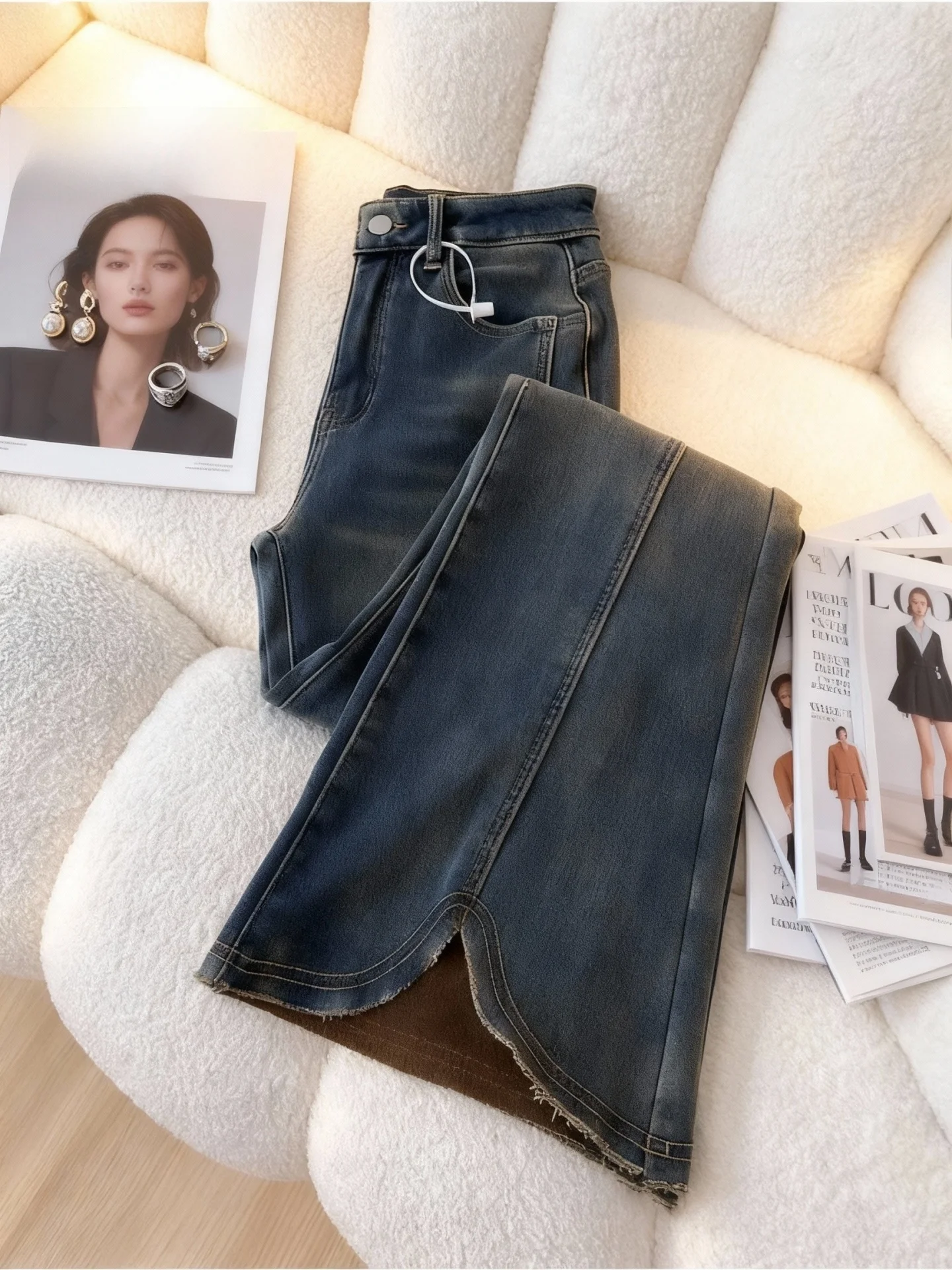 

Прямые джинсы больших размеров на эластичной подкладке, женские осенне-зимние утягивающие брюки-копыта с высокой талией