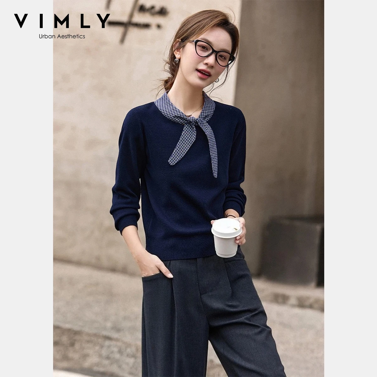 

VIMLY Women's Jumper Winter 2025 Casual Splice Rabbit Ear Frenulum Neck Plaid Knitted Sweater Ladies Long Sleeve Tops 75273