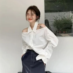 Off Shoulder White Shirt Women Korean Fashion Chic Loose Long Sleeve Top Thin Summer Office Ladies Casual All Match Solid Blouse