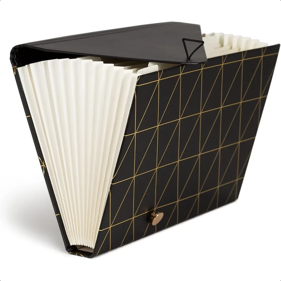 Cartella portadocumenti espandibile con 13 tasche per ufficio, hardware geometrico in ottone nero e oro certificato FSC