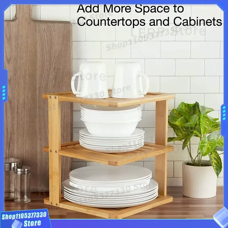 3 Tier Bamboo Corner Shelf Kitchen Cabinet Organizer Pantry Storage Rack Bathroom Countertop Shelves for Spice Jar Bottle