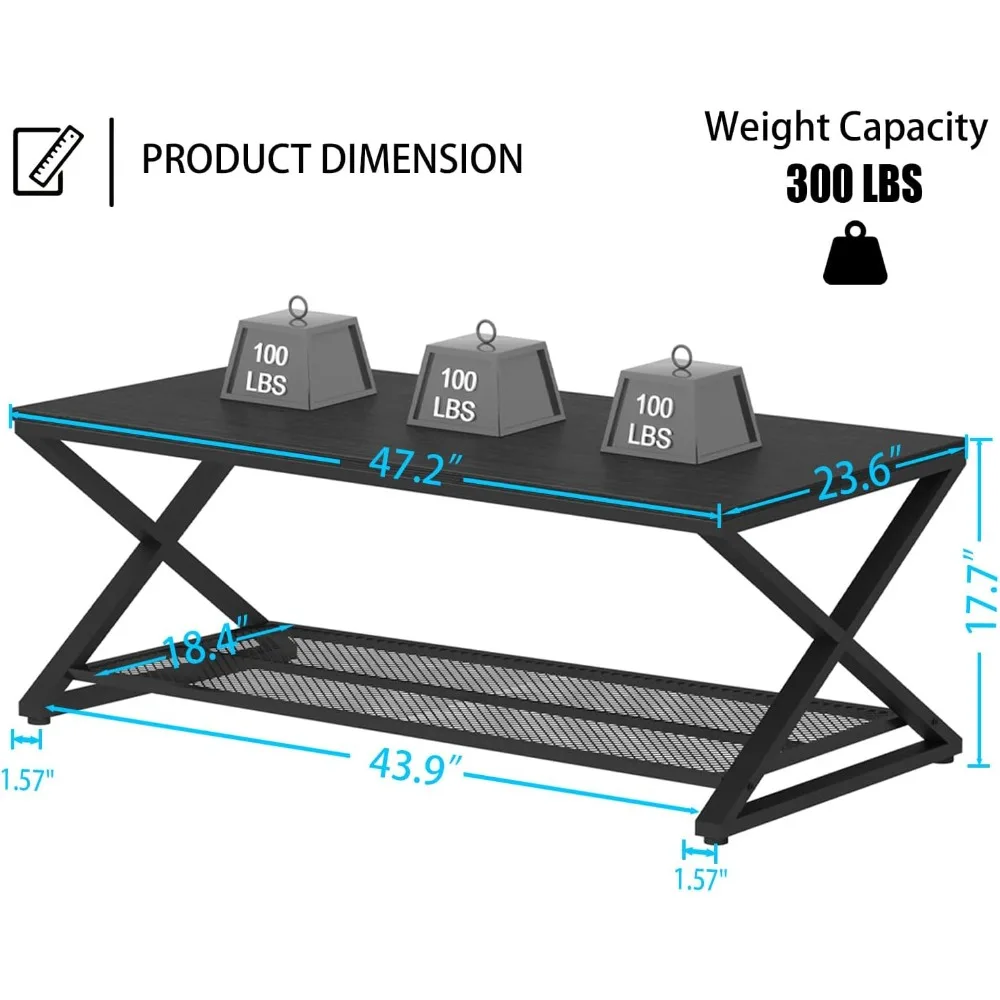 طاولة قهوة سوداء، طاولات مركزية من طبقتين معدنية خشبية مع رف تخزين، طاولة شاي خرسانية مستطيلة حديثة لغرفة المعيشة #2
