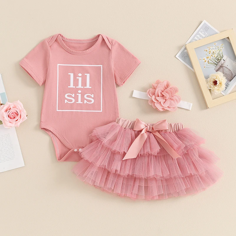 2024-04-01 lioraitiin 0-18M Infant Baby Girls Outfit Letters Print Romper with Tulle Skirt Headband Summer Outfit