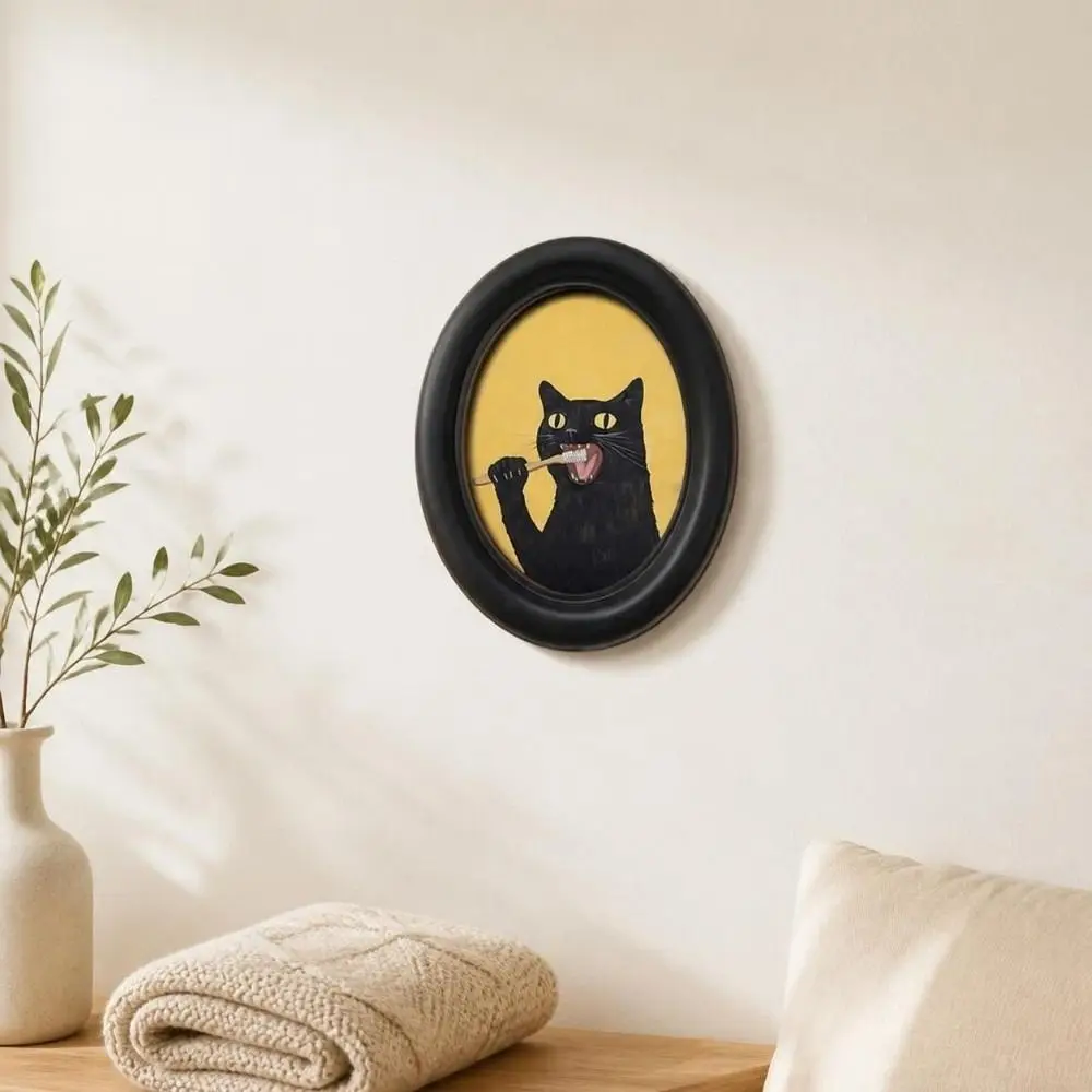 Durable 2D Abstract Wall Art Wooden Black Frame Oval Wall Decoration UV Printed Oval Shaped Cat Portrait Decor Living Room