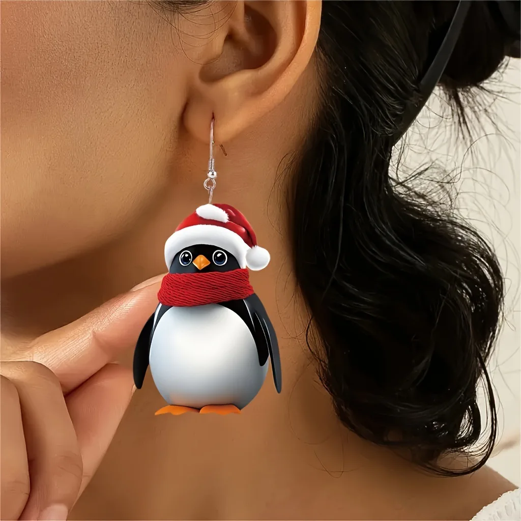 Trendy Christmas Penguin Drop Stud Earrings for Women Delicate Zircon Xmas Tree Deer Santa Piercing Party Friends Jewelry Gifts