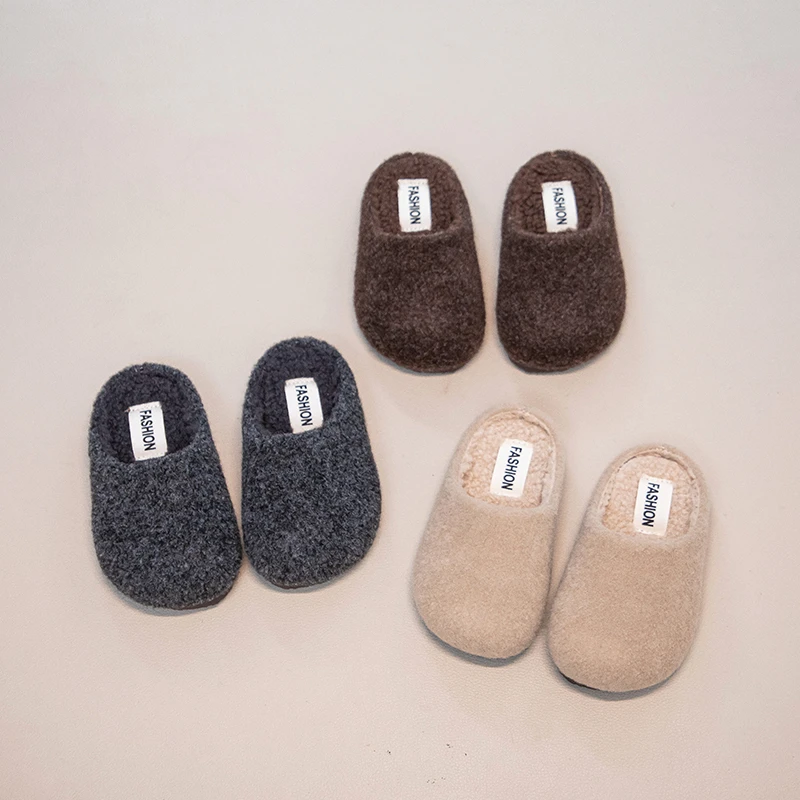 

2025 Winter Children Slippers Curly Sheep Fur Flat Shoes Warm Cozy Slip On House Slides Femme Cotton Comfort Shoes