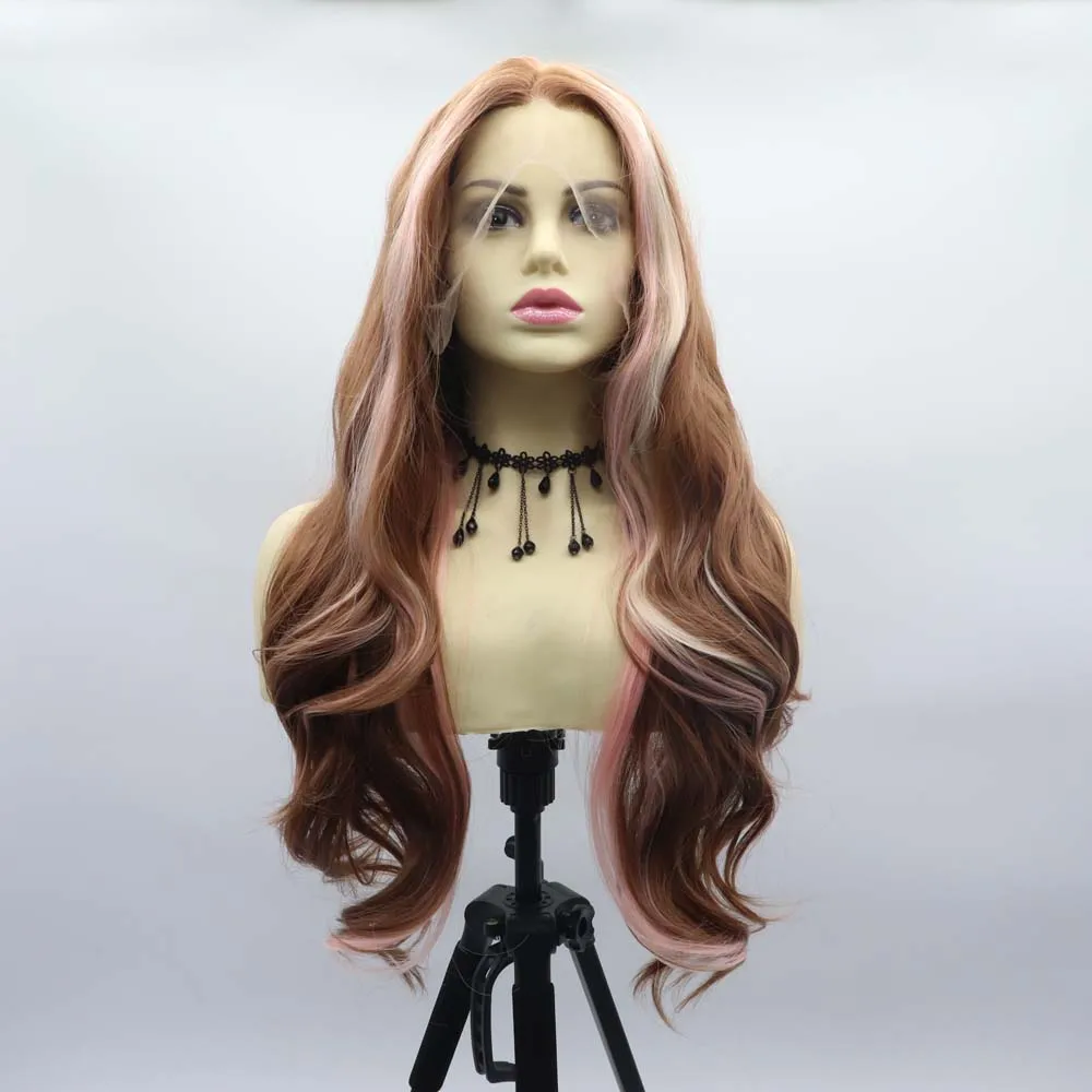 

Сильвия Карамель Коричневый/Розовый Смешанные Синтетические Парики Фронта Шнурка Термостойкое Волокно Волнистые Парики Средний Пробор