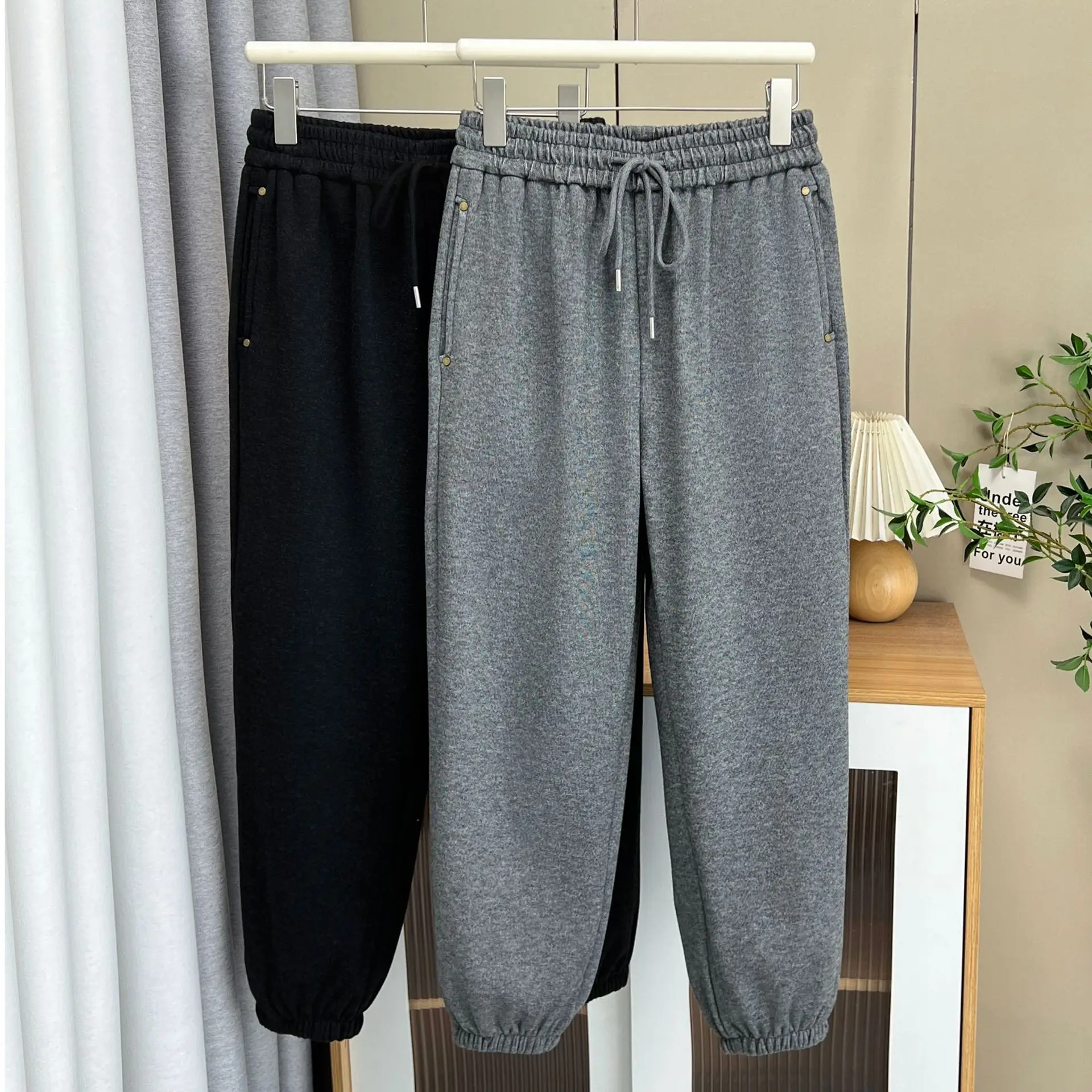 XXXXL موضة حجم كبير ملابس امرأة سراويلي حريمي بسيط غير رسمي دافئ الصوف وسميكة الكاحل النطاقات Sweatpants شتاء 893 #5